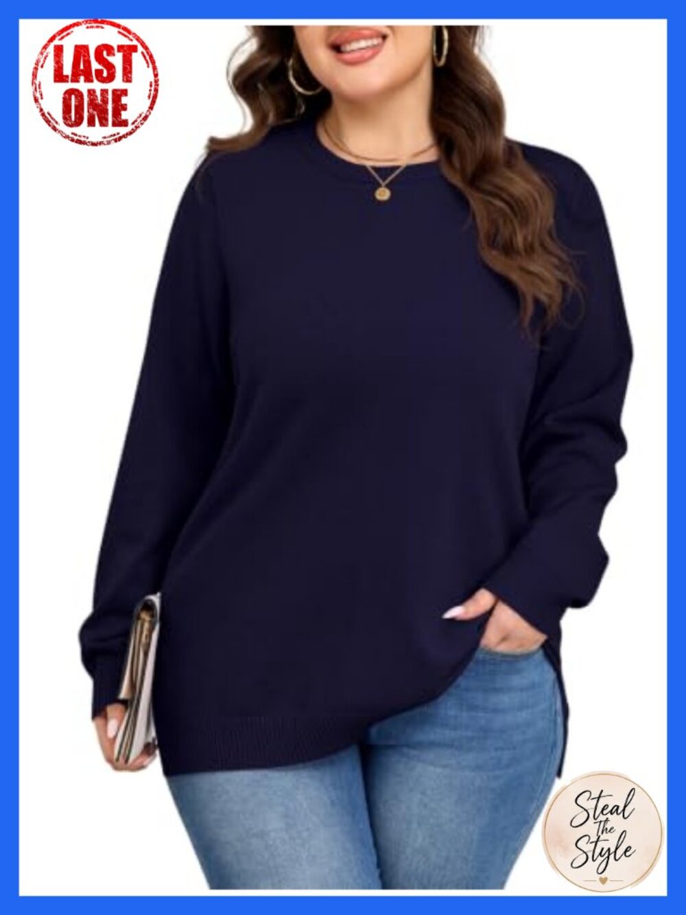 Plus Size Knit Pullover Sweater Long Lantern Sleeve Crew Neck Tunic Top